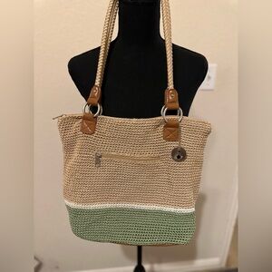The SAK Tan Crocheted Hobo with Braided Handles,‎ Faux Leather Trim. Like new.